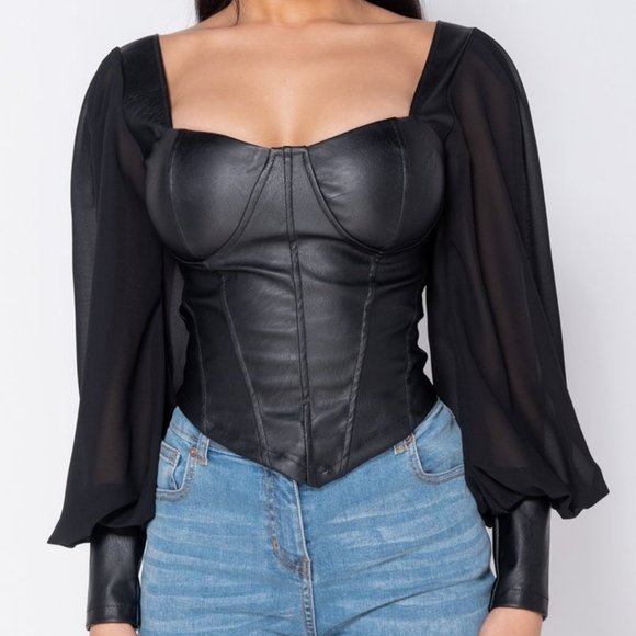 Black Vegan Leather Faux Leather Long Sleeve Bustier Top - Picture 4 of 10
